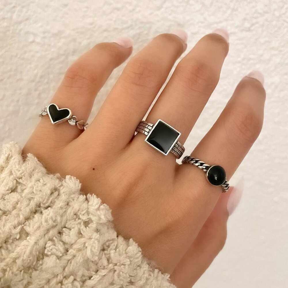 925 Sterling Silver Geometric Black Ring Heart Square Circle Ring Dainty Ring